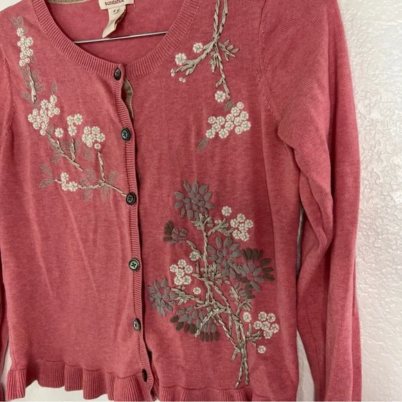 Sundance Women's Pink Ruffle Cardigan Sweater Embroidered Ribbon Flowers Small - Picture 2 of 6